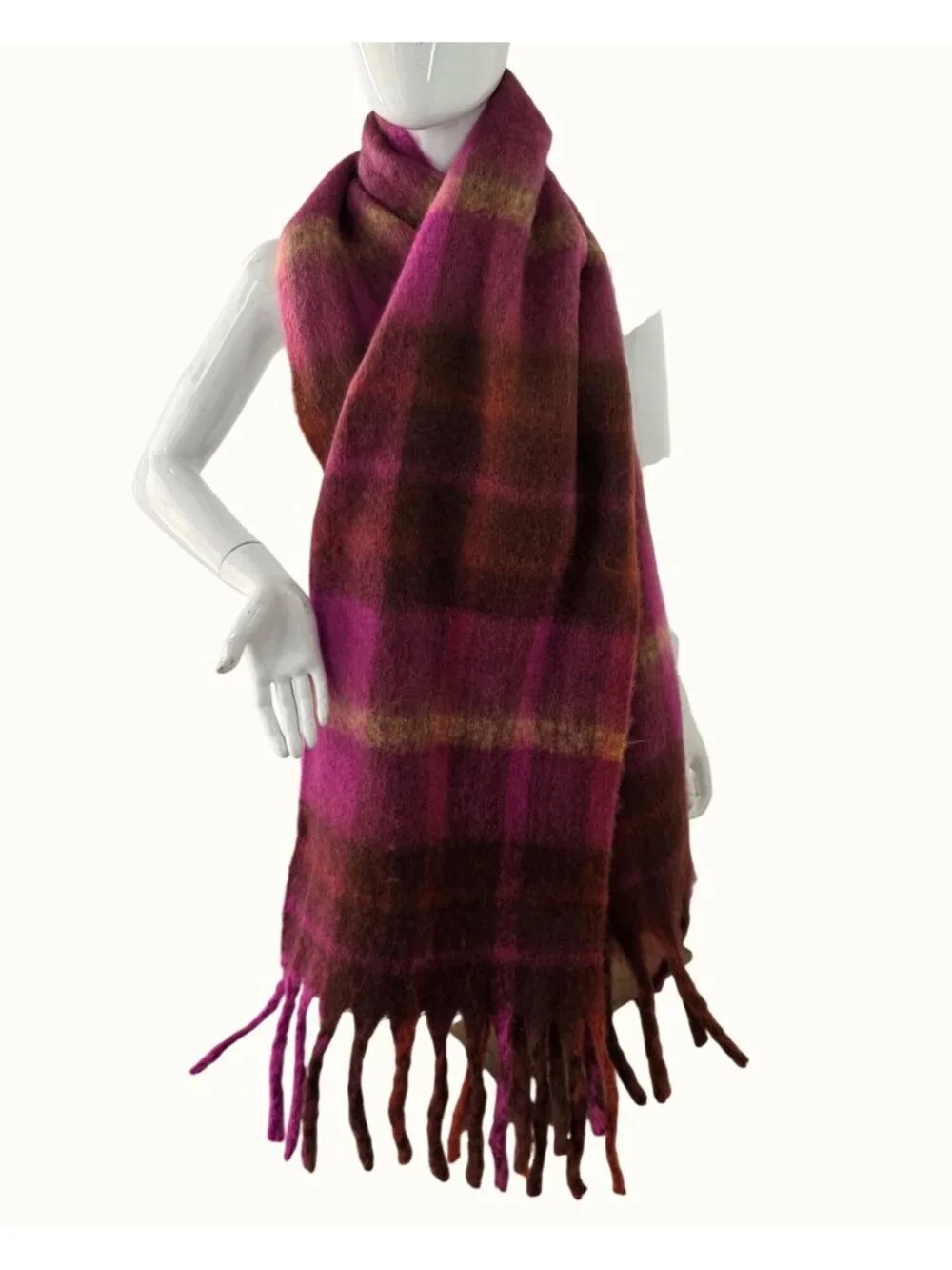 Urban Outfitters Plaid Blanket Scarf Wrap Pink Burgundy Brown Fringe Oversized